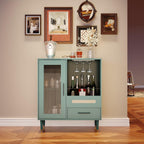 Modern Wine Bar Cabinet with Tempered Glass Door – Wine Rack, Drawers & Ample Storage – Freestanding Sideboard Buffet for Dining Room, Kitchen, or Coffee & Liquor Display – Green