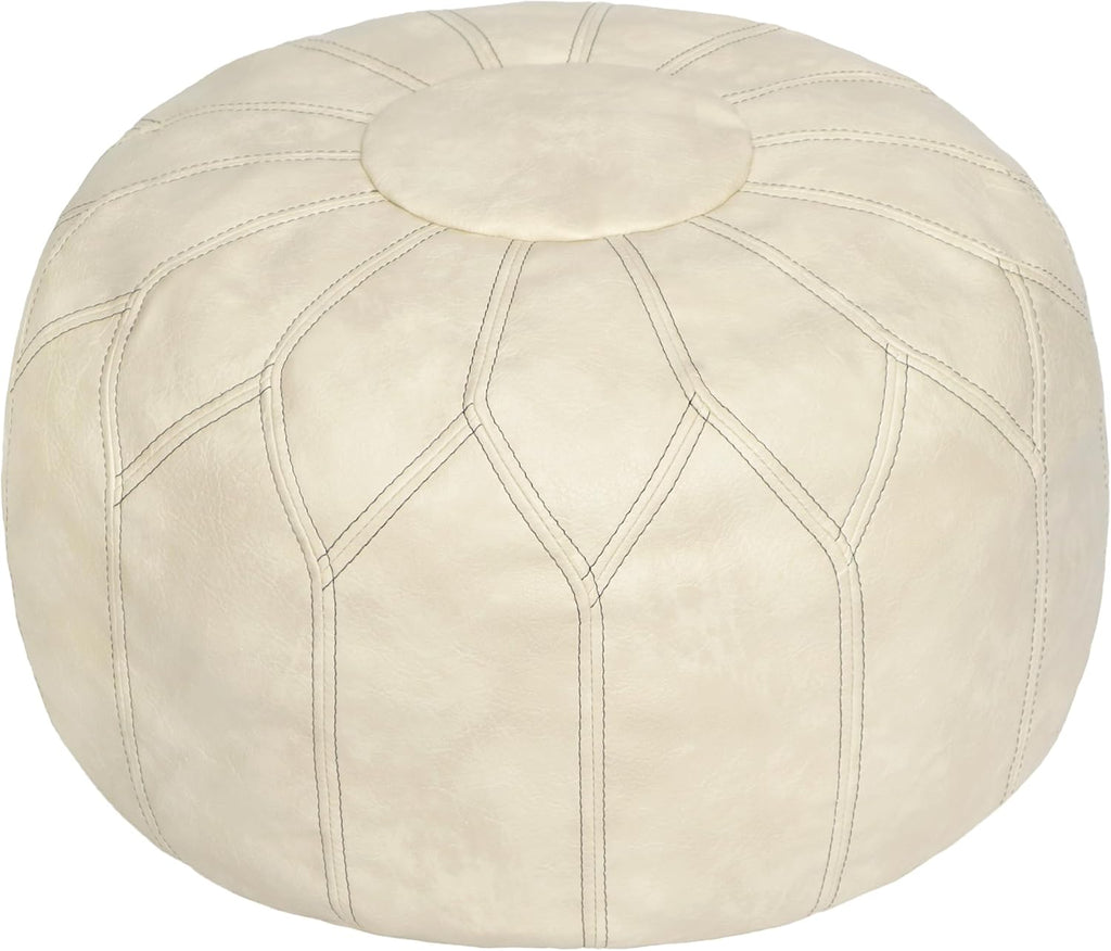 Thgonwid Unstuffed Moroccan Faux Leather Pouf Ottoman Cover with Storage - Boho Chic Multi-Use Footrest for Living Room, Bedroom, Patio - Round Ethnic Floor Cushion & Decorative Accent, Ivory