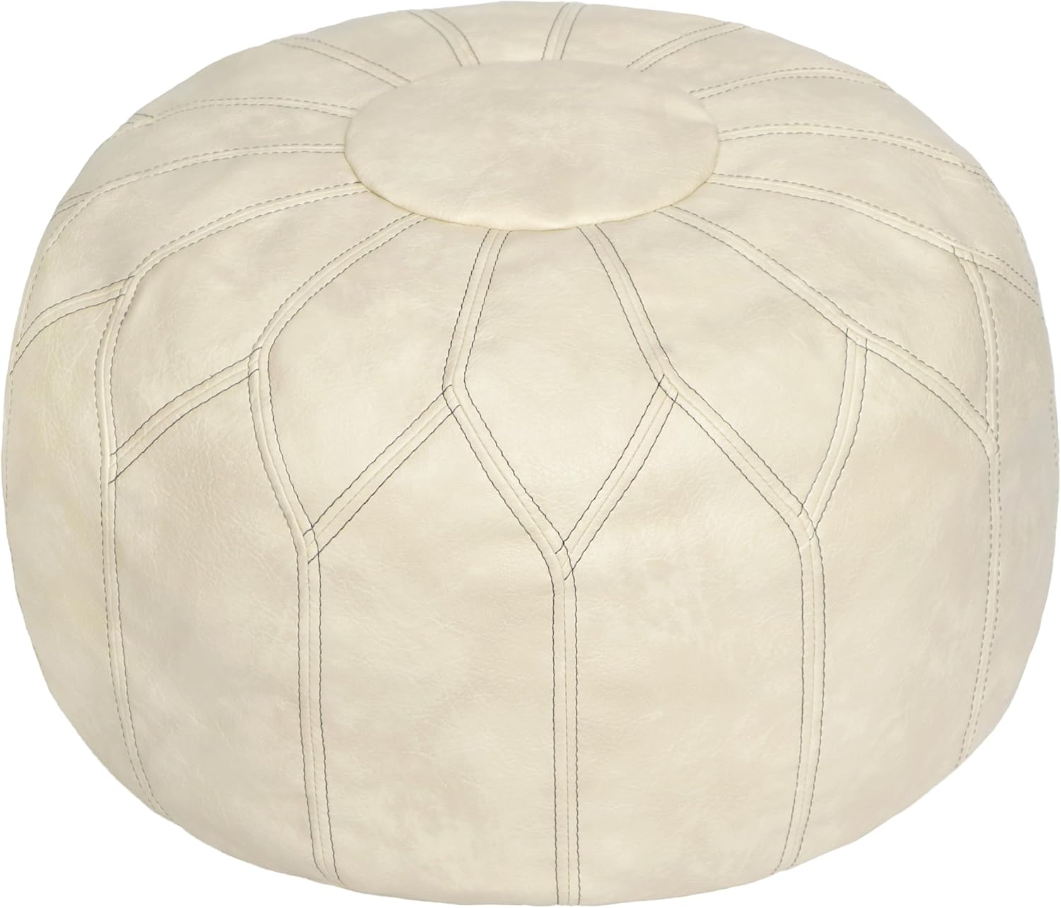 Thgonwid Unstuffed Moroccan Faux Leather Pouf Ottoman Cover with Storage - Boho Chic Multi-Use Footrest for Living Room, Bedroom, Patio - Round Ethnic Floor Cushion & Decorative Accent, Ivory
