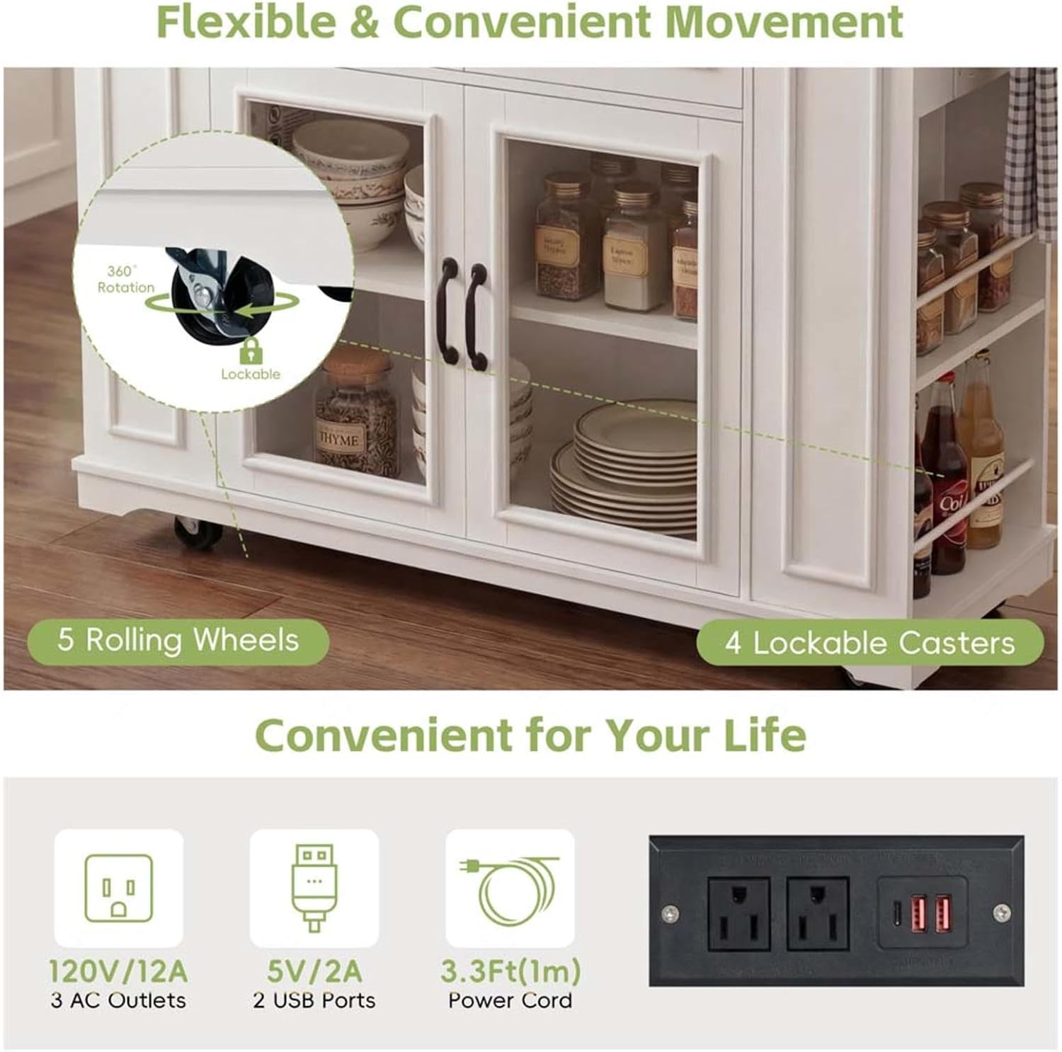 Kitchen Table with Storage with Internal Storage Rack, Power Outlet and Open Shelves, Moveable Kitchen Island with Spice Rack, for Kitchen, Dining