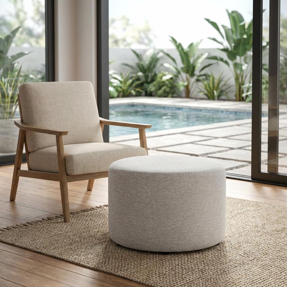 Gray 23" Round Woven Heathered Fabric Upholstered Ottoman, Outdoor Sitting Surface, Durable, Weather-Resistant, Comfortable