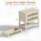 Eclatara Large Rattan Night Stand Set of 2 with 2 Drawers and Storage Shelf | Boho Nightstand White Bedside Table End Table Side Table for Bedroom(Cream White Oak,2 Pieces)