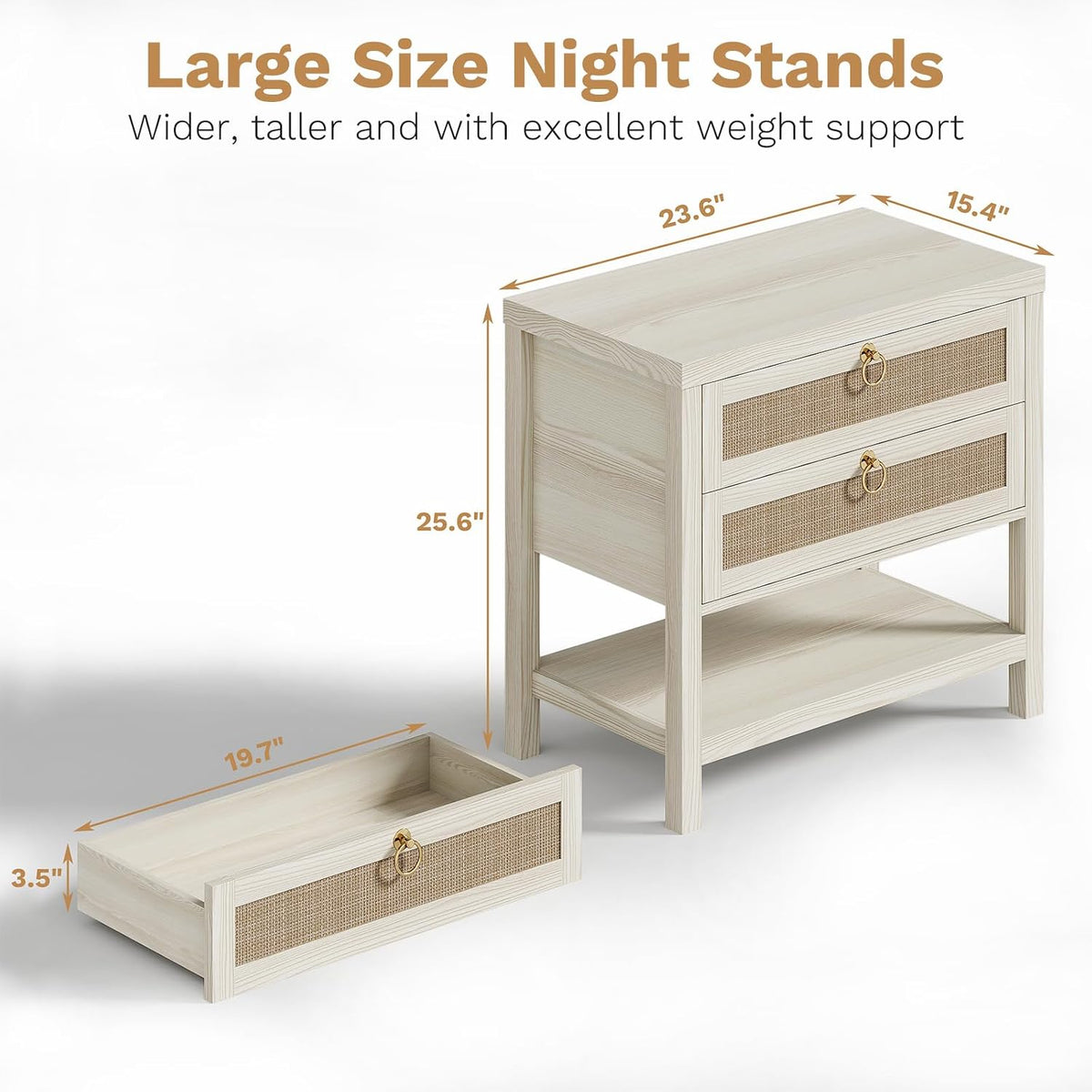 Eclatara Large Rattan Night Stand Set of 2 with 2 Drawers and Storage Shelf | Boho Nightstand White Bedside Table End Table Side Table for Bedroom(Cream White Oak,2 Pieces)