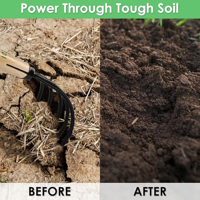 15inch Wood Hand Japanese Claw Rake NonSlip Rubber Handle, Military Grade Steel 5 Tine Cultivator Gardener for Pulverized and Aerated Soil