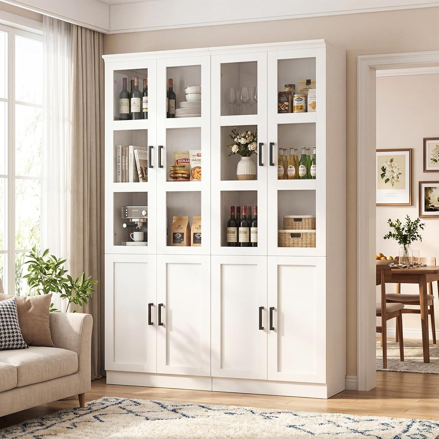 Unikito 79.7" Tall Kitchen Pantry Storage Cabinet, Freestanding Kitchen Hutch Cabinet with Tempered Glass Doors, Modern Display Bookcase with Adjustable Shelves for Living Room, Dining Room, White
