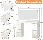 Pamapic Glass Top Vanity Desk with Crystal Handles and 11 Drawers, Makeup Vanity with Mirror and Lights, 3 Lighting Modes Dressing Table, Power Outlet, Silent Slides, White