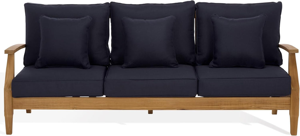 SAFAVIEH Couture Outdoor - Martinique 3-Seat Sofa - Natural & Navy - Teak Wood - Slatted Coastal Design - Ideal for Patio, Deck, Porch, Backyard, 18.3" Seat Height (CPT1013J)