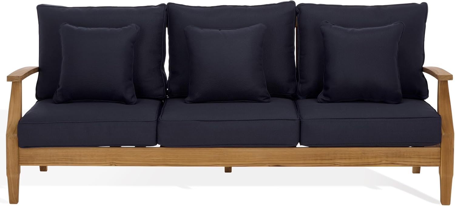 SAFAVIEH Couture Outdoor - Martinique 3-Seat Sofa - Natural & Navy - Teak Wood - Slatted Coastal Design - Ideal for Patio, Deck, Porch, Backyard, 18.3" Seat Height (CPT1013J)
