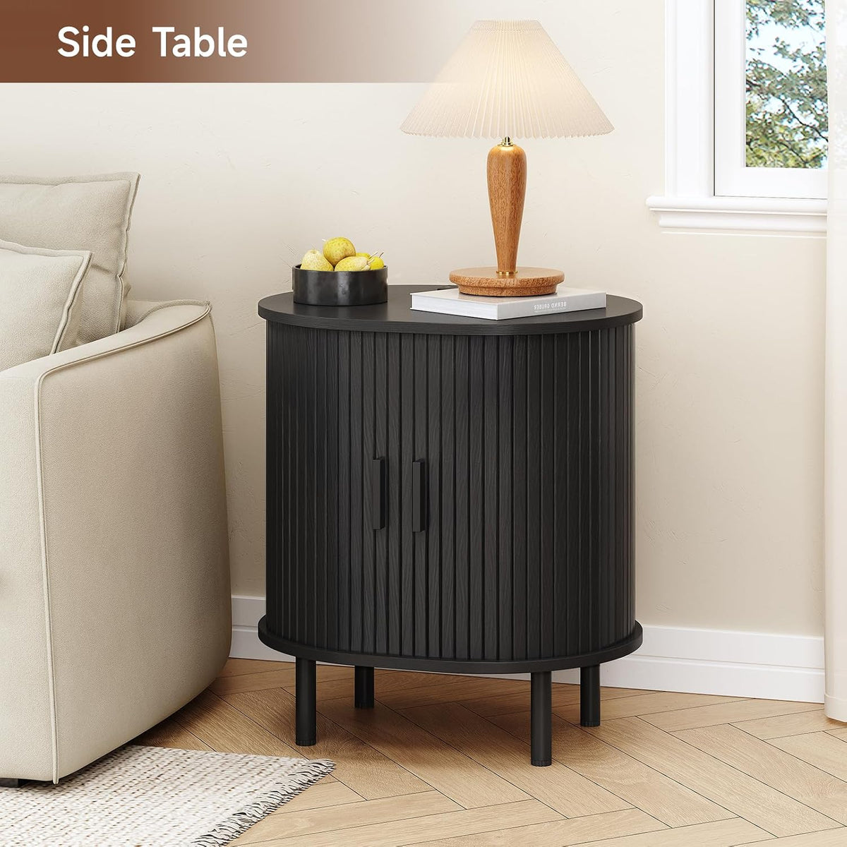 ONBRILL Oval End Table with Charging Station, Sliding Door, Black(2-Pack)
