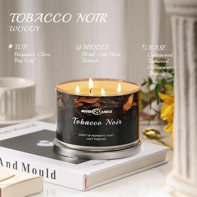 Over 50 Hours Jar Candle - 4-Wick Long-Lasting Scented Candles, 18oz Natural Soy Wax Candle for Home, Candle Gifts for Women & Men, Tobacco Noir