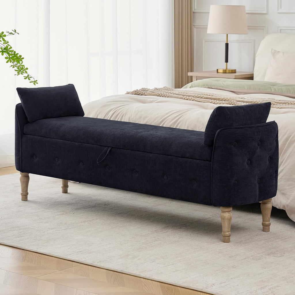 67'' King Size Storage Bench for Bedroom End of Bed,Linen Bedroom Bench with Storage for Foot of Bed,Upholstered Storage Ottoman Bench with Cushion and Wood Legs for Living Room Entryway Window,Black