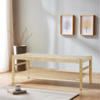 Recaceik Indoor Entryway Bench with Paper Cord Ottoman & Grid Storage Rack, Mid-Century Long Bench with Rubber Wood Legs, French Vanity End Bed Bench for Bedroom Living Room Channel
