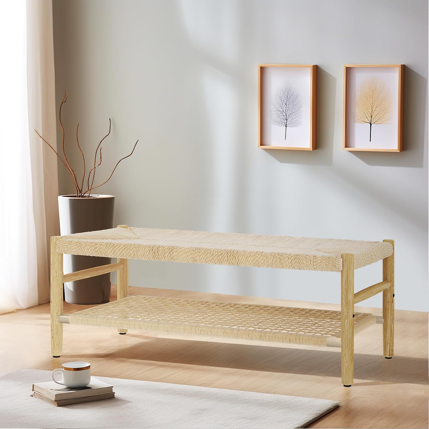 Recaceik Indoor Entryway Bench with Paper Cord Ottoman & Grid Storage Rack, Mid-Century Long Bench with Rubber Wood Legs, French Vanity End Bed Bench for Bedroom Living Room Channel