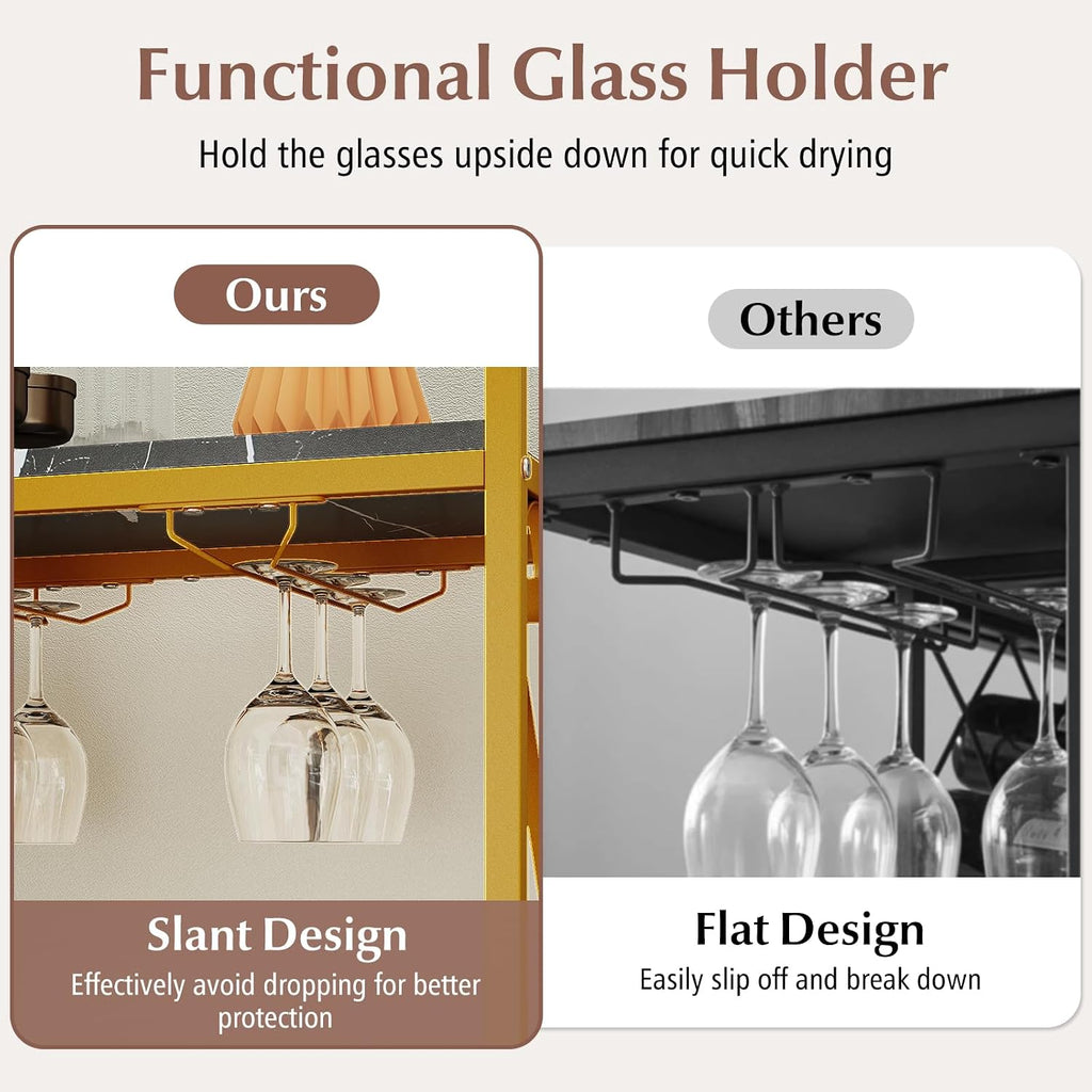 GOFLAME 21 Bottle Wine Rack, Freestanding Floor Wine Bottle Organizer w/Glass Holder & Wooden Countertop, Metal Frame Rustic Liquor Stand with Storage Shelf for Kitchen, Dining Room (Golden & Black)
