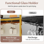 GOFLAME 21 Bottle Wine Rack, Freestanding Floor Wine Bottle Organizer w/Glass Holder & Wooden Countertop, Metal Frame Rustic Liquor Stand with Storage Shelf for Kitchen, Dining Room (Golden & Black)