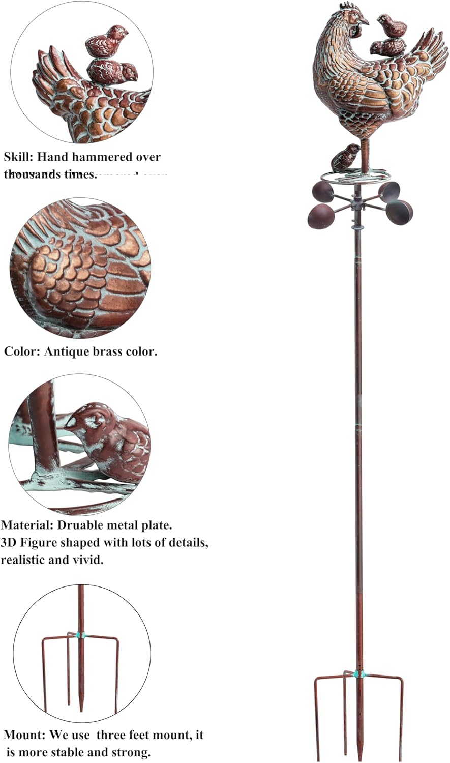 3D Large Metal Hen with Chicks Statue Wind Spinner,79" H Kinetic Garden Chicken Wind Sculpture,Mother Hen & Chicks Wind Vane,Metal Yard Art,Antique Copper Chicken Decorfor Outdoor Patio Lawn Yard