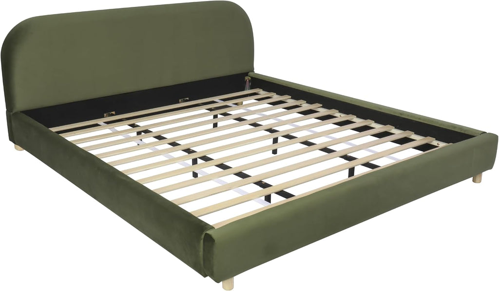 Merax Queen Velvet Fabric Platform Bed with Curved Headboard, Olive Green