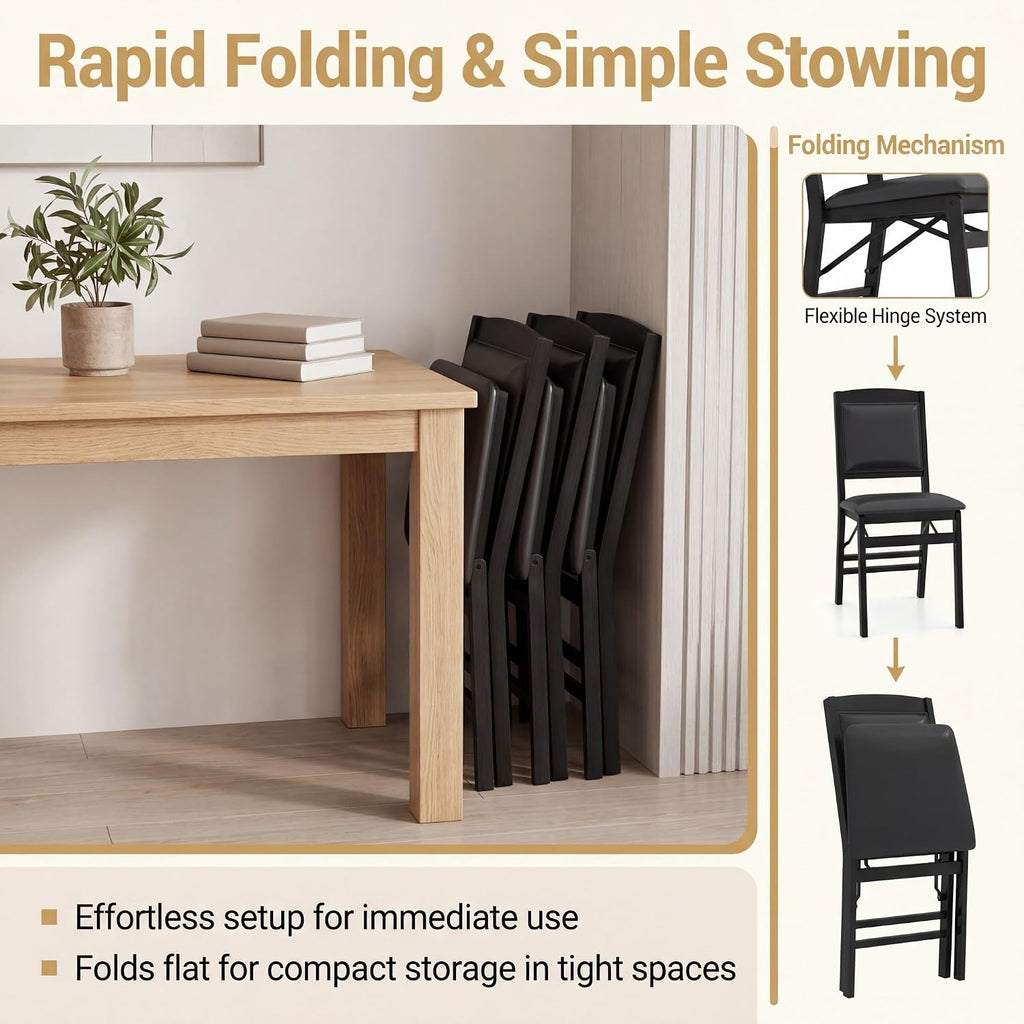 GOFLAME Folding Dining Chairs Set of 2, Faux Leather Upholstered Kitchen Chairs with Padded Seat and Backrest, Solid Wood Foldable Chairs for Living Room, Dining Room, Restaurant, Black
