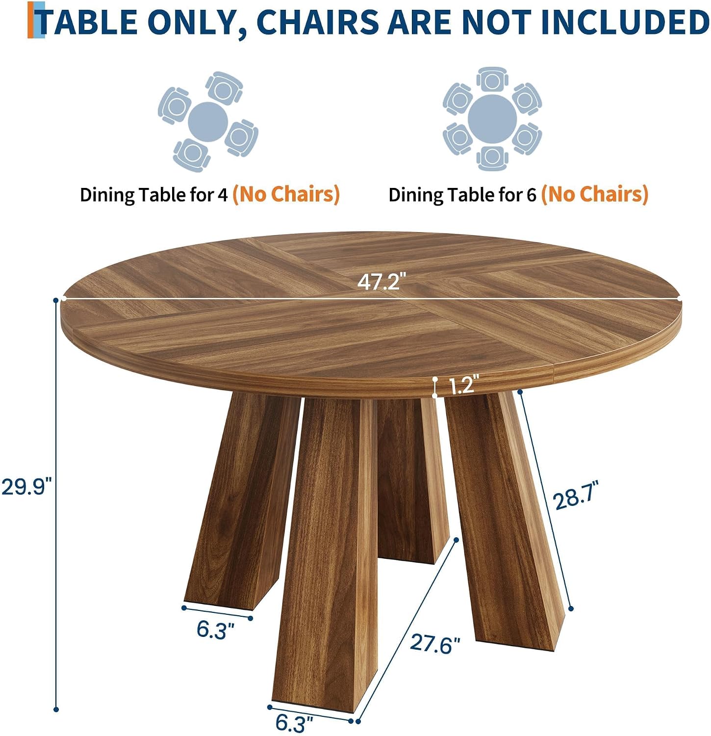 GarveeHome Round Dining Table for 4 People, Round Kitchen Table for Kitchen & Dining Room, Walnut(Table Only, 47 Inch)