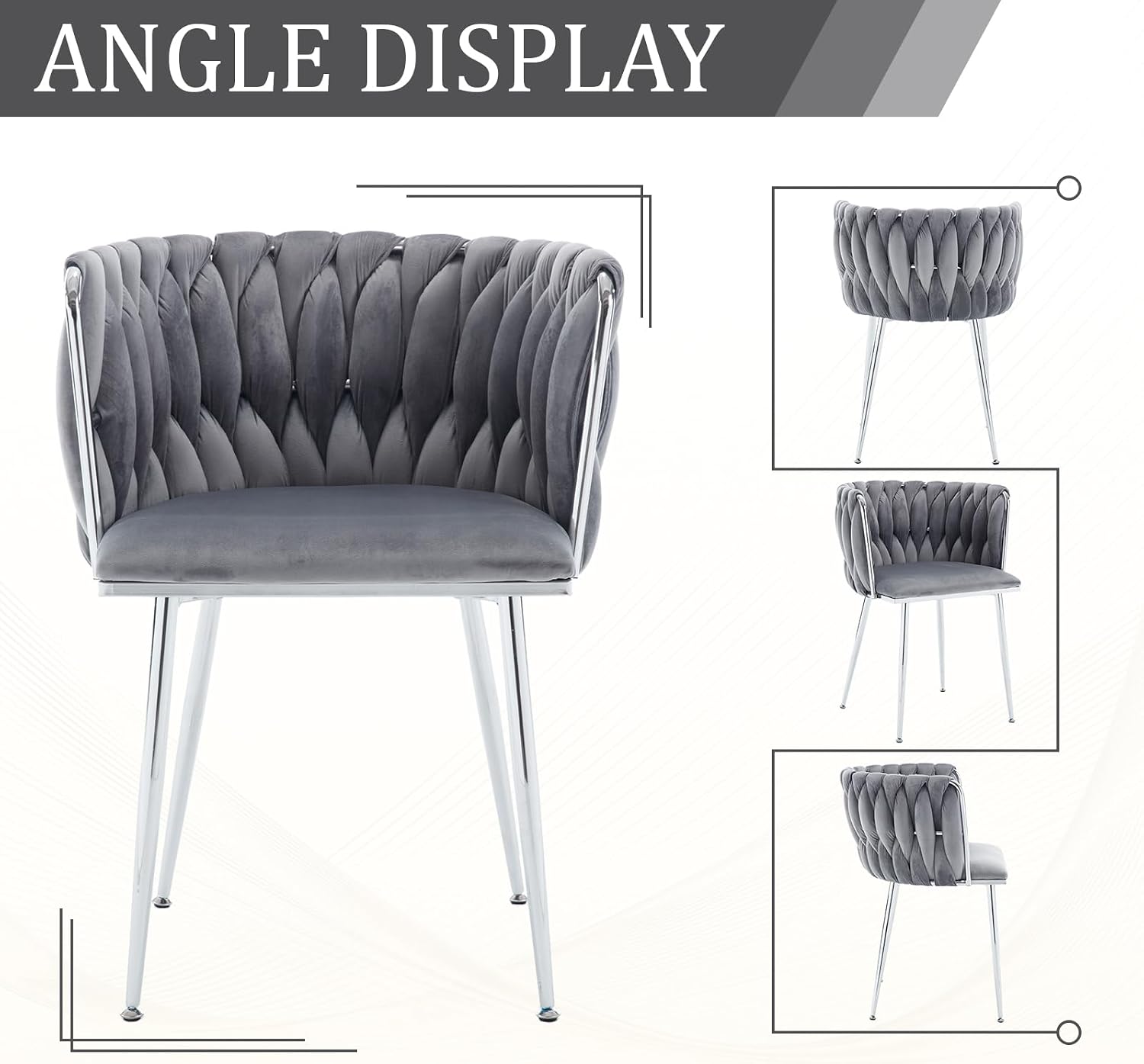 Modern Velvet Dining Chairs Set, Upholstered Dining Chair with Woven Back and Silver Metal Legs, Modern Armchair for Living Room/Kitchen/Bedroom (Gray, 2pcs)