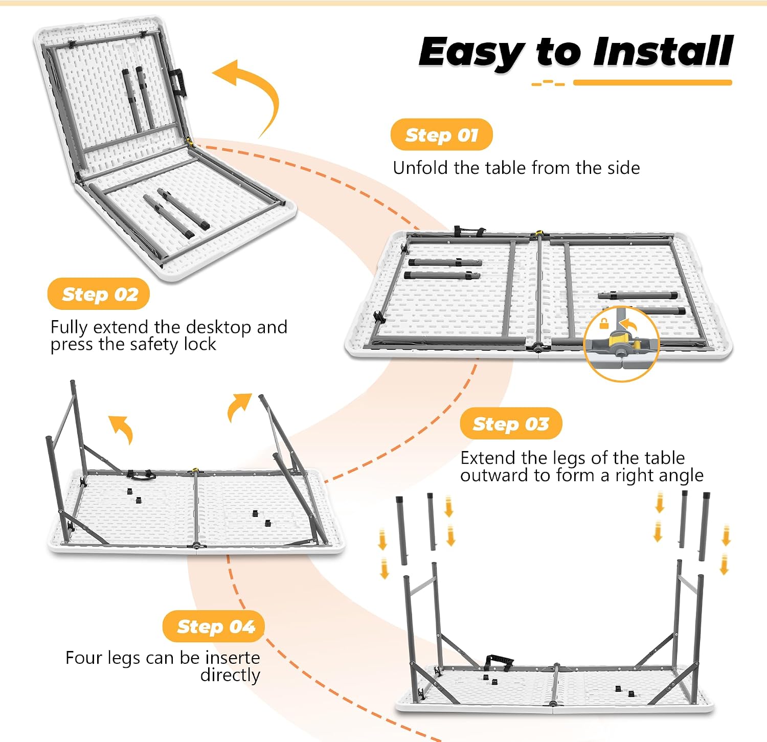 4ft Portable Folding Table, Indoor Outdoor Plastic Dining Table w/Handle, Fold-in-Half Utility Foldable Table for Camping, Picnic and Party, White