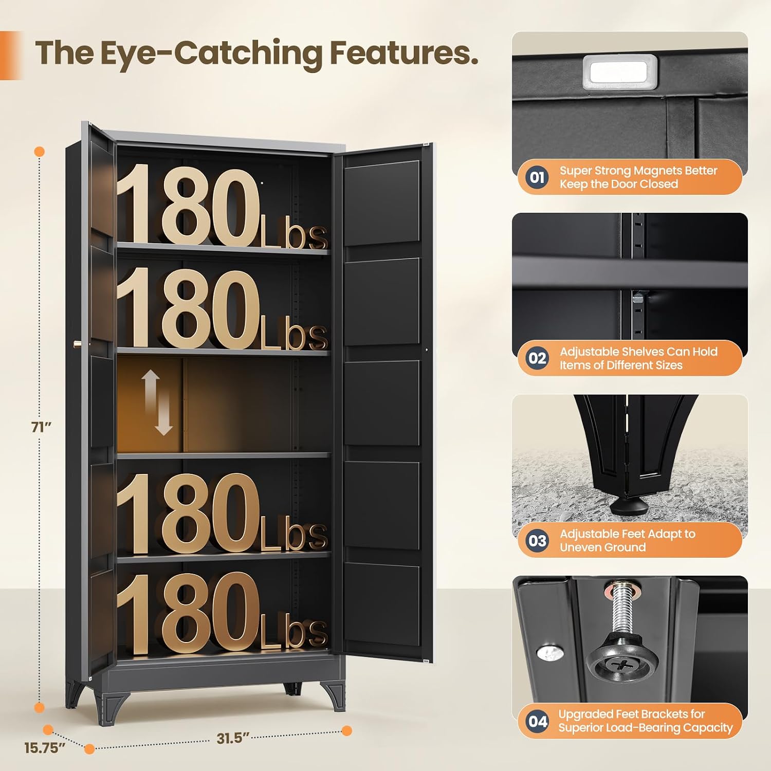 Yizosh Metal Storage Cabinet with 2 Doors and 4 Adjustable Shelves - 71" Black Kitchen Pantry Storage Cabinet,4-Tier Tall Steel Cabinet Locker for Living Room,Dining Room,Kitchen