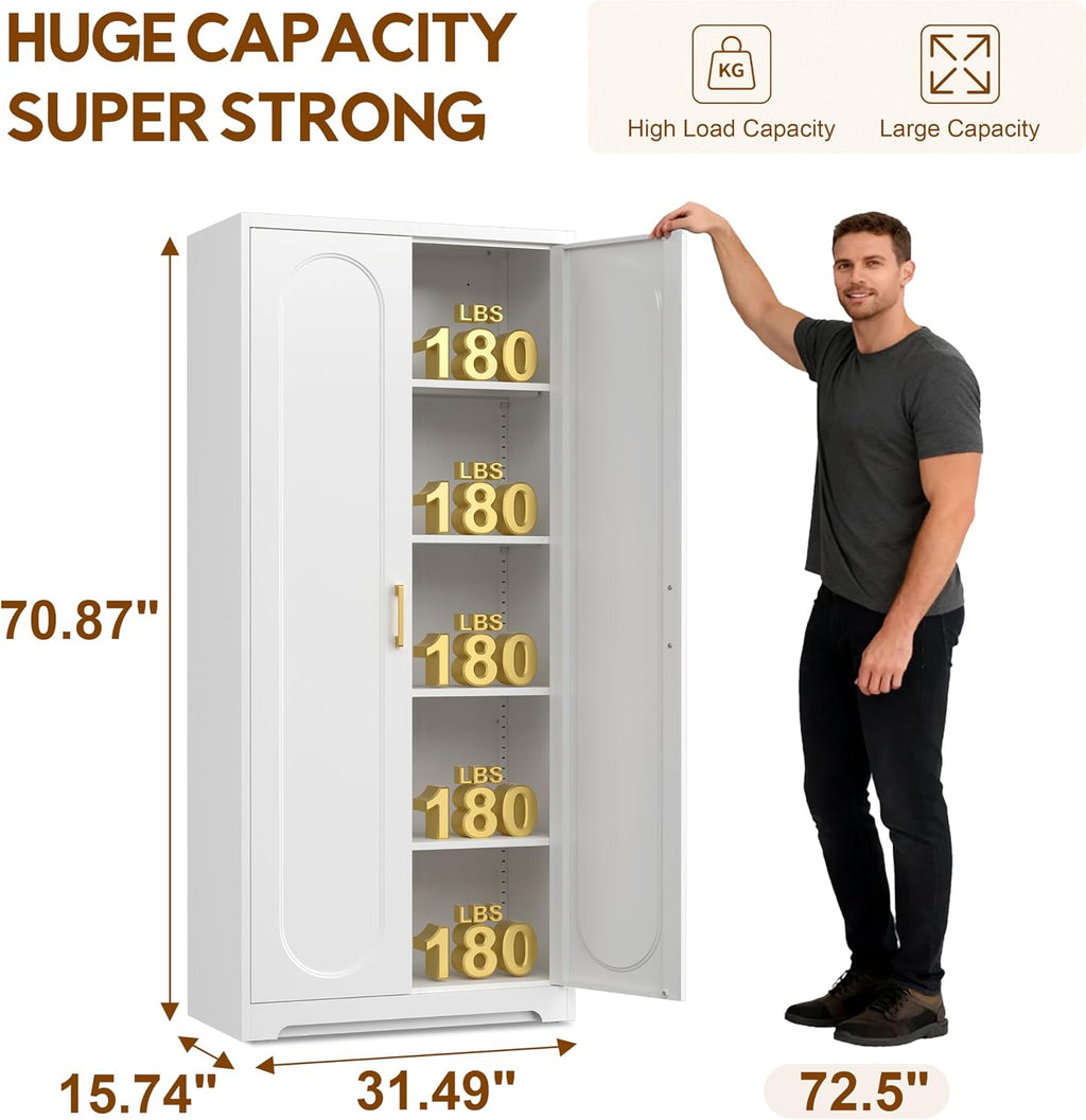 UNICOLY 71" Tall Storage Cabinet, Metal Kitchen Pantry Storage Cabinets | Pantry Cabinet with Doors and 4 Shelves，White Cabinets for Laundry Room, Living Room, Dinning Room, Assembly Required