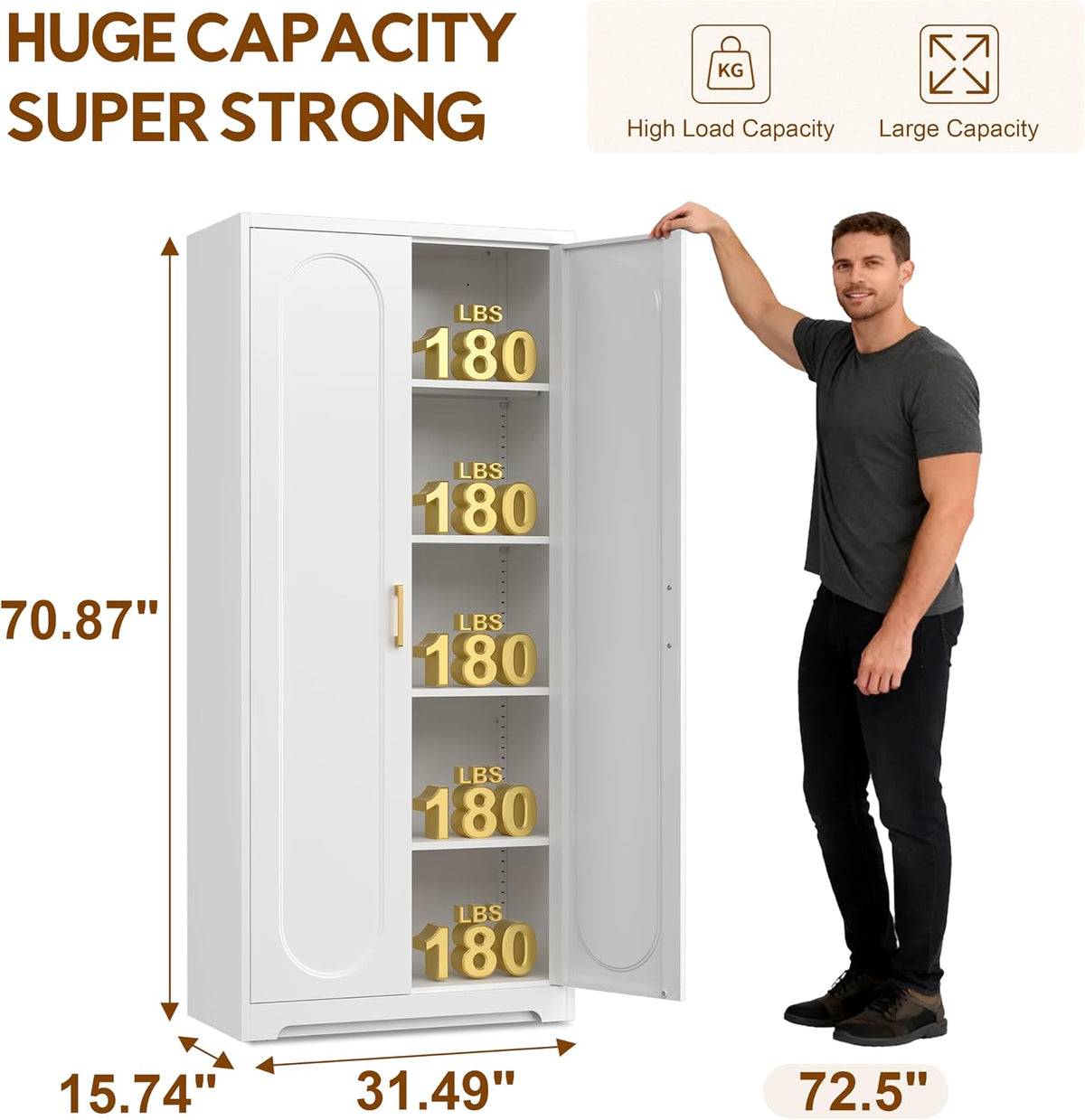 UNICOLY 71" Tall Storage Cabinet, Metal Kitchen Pantry Storage Cabinets | Pantry Cabinet with Doors and 4 Shelves，White Cabinets for Laundry Room, Living Room, Dinning Room, Assembly Required