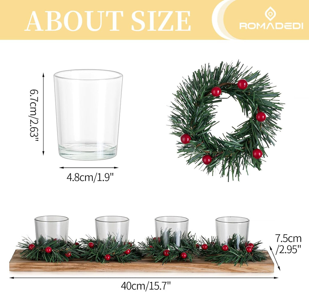 Christmas Candle Holder for Table Centrepiece Decoration: Romadedi Rustic 4 Tealight Holders with Mini Christmas Wreaths Wooden Tray for Xmas Winter Dinner Table Home Decor Gift 16.5 Inches