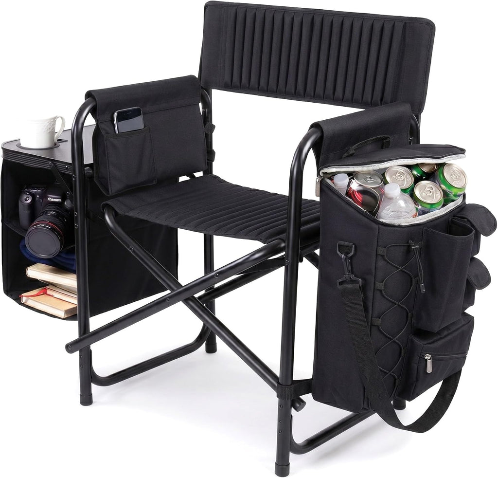 Picnic TIME Fusion Camping Chair with Side Table and Soft Cooler, Outdoor Foldable Padded Camping Chairs with Shelves, Pockets, & Cup Holder for Lawn, Beach, & Sports Use for Adults, (Matte Black)