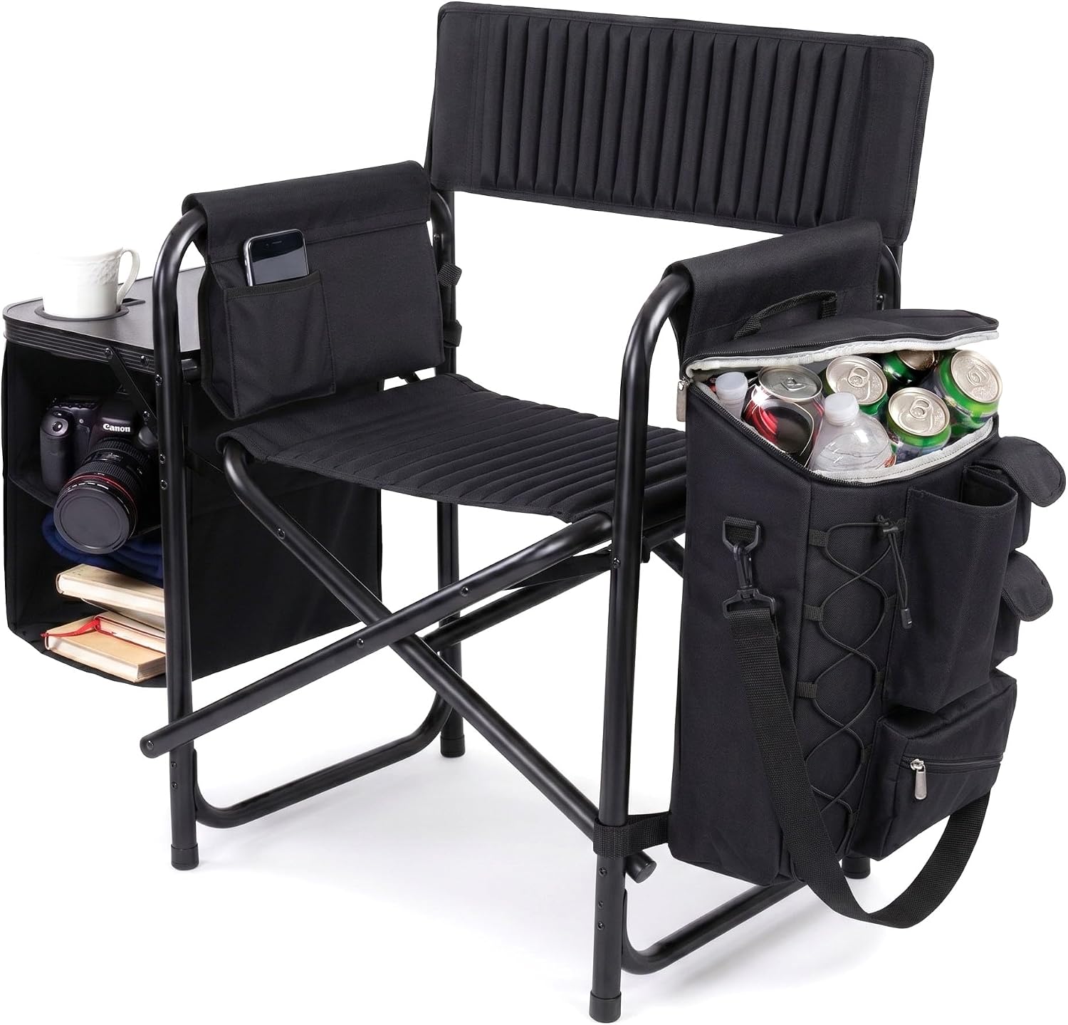 Picnic TIME Fusion Camping Chair with Side Table and Soft Cooler, Outdoor Foldable Padded Camping Chairs with Shelves, Pockets, & Cup Holder for Lawn, Beach, & Sports Use for Adults, (Matte Black)