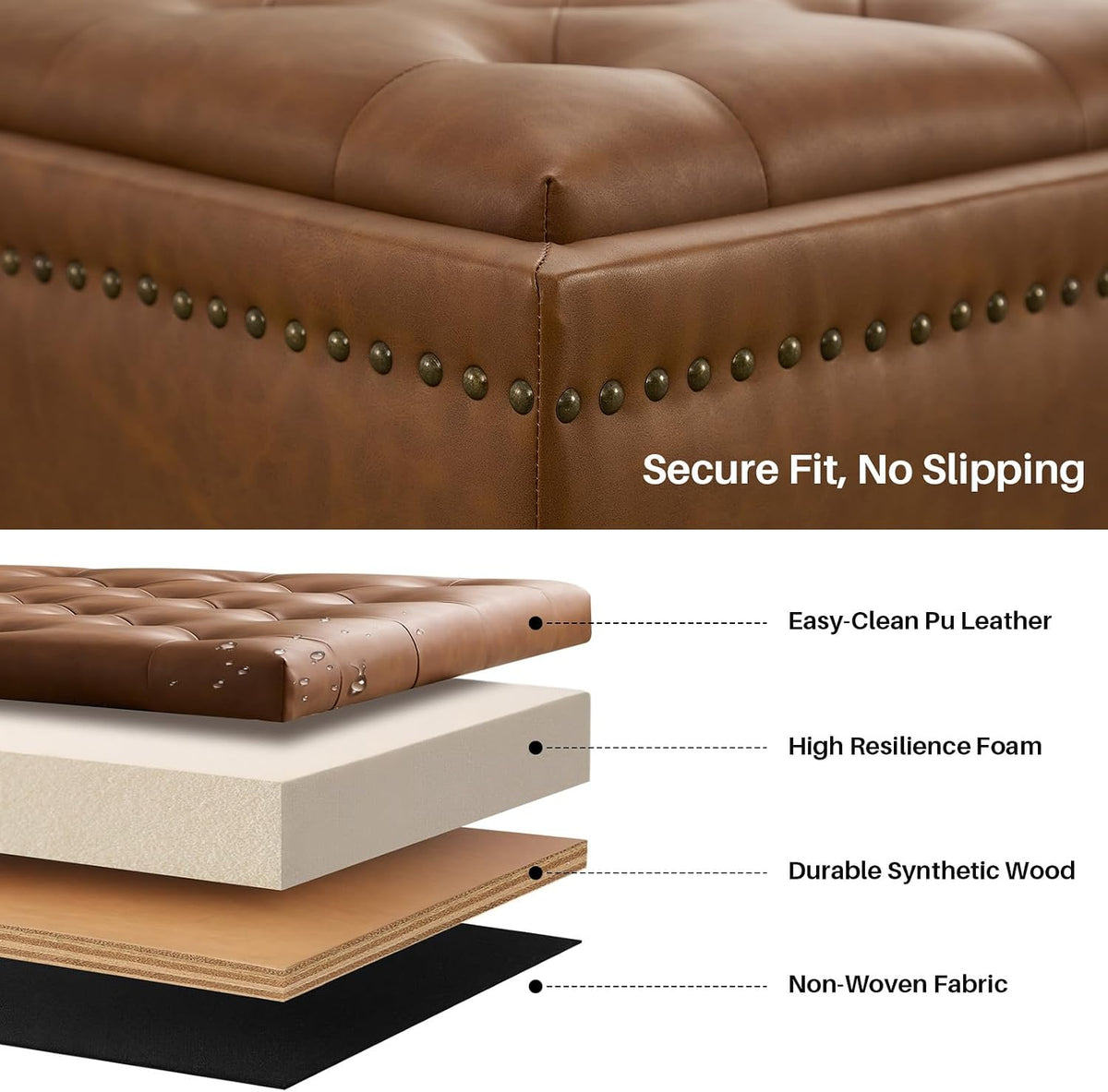 Storage Ottoman Coffee Table, Large Ottoman with Storage Oversized Square Footstool with Anti-Slip Embedded Lid, Tufted Upholstered Ottomans for Living Room, Brown Faux Leather