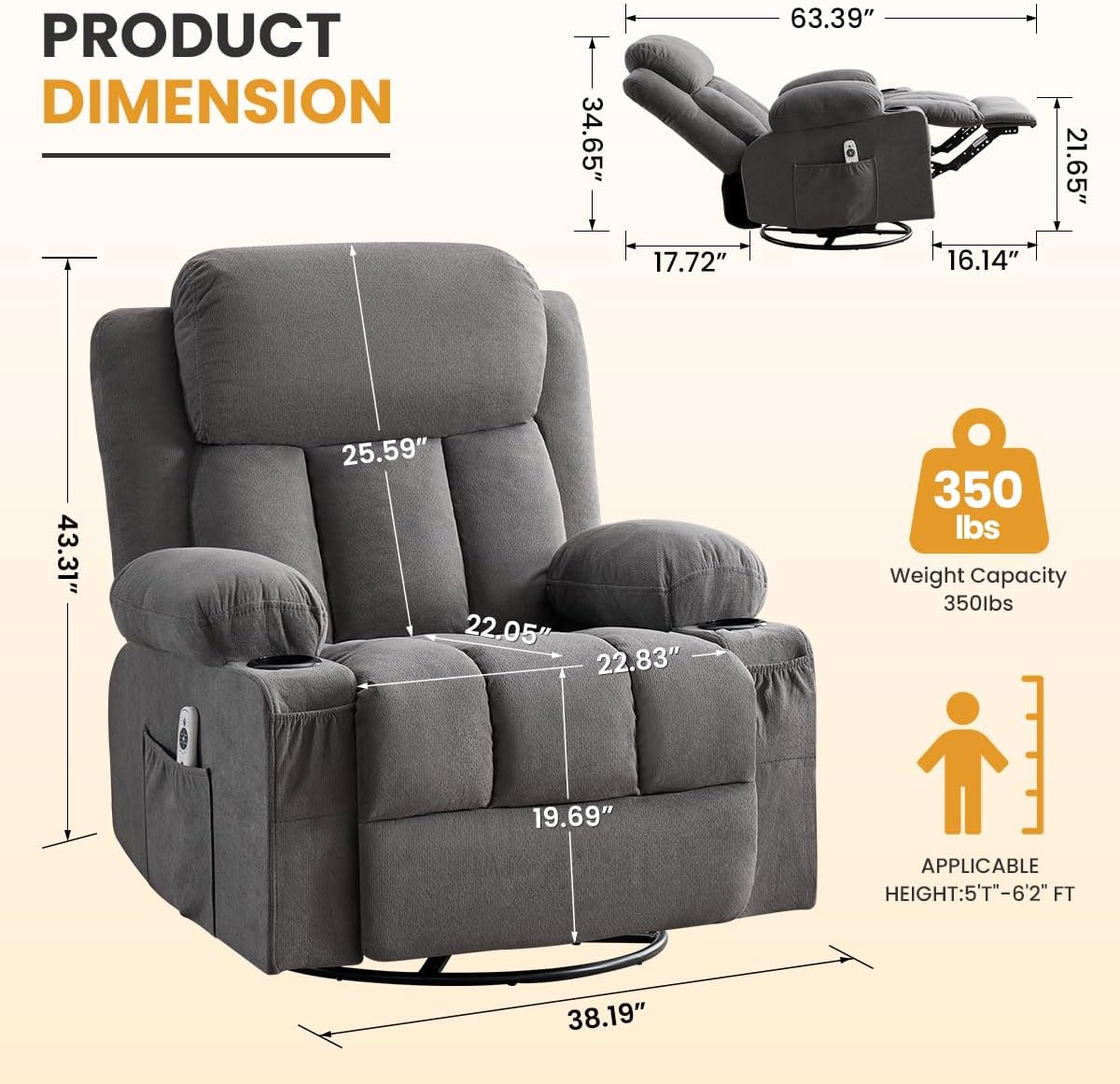 Swivel Rocker Recliner Chair with Vibration Massage & Lumbar Heating, Ergonomic Lounge Chair for Living Room, Rocking Function, Side Pocket, 2 Cup Holders, USB Charging Port