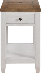 Martin Svensson Home Napa Farmhouse Chairside End Table with Charging Station, Solid Wood Narrow Side Table with Drawer & Shelf, Rustic Accent Table for Living Room or Bedroom. White and Natural.