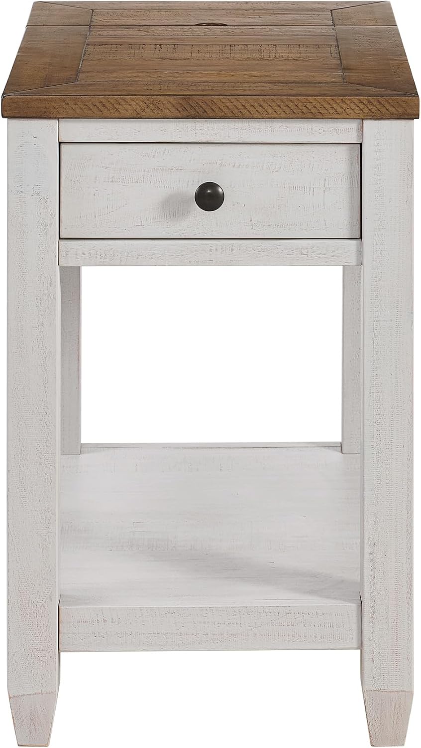 Martin Svensson Home Napa Farmhouse Chairside End Table with Charging Station, Solid Wood Narrow Side Table with Drawer & Shelf, Rustic Accent Table for Living Room or Bedroom. White and Natural.
