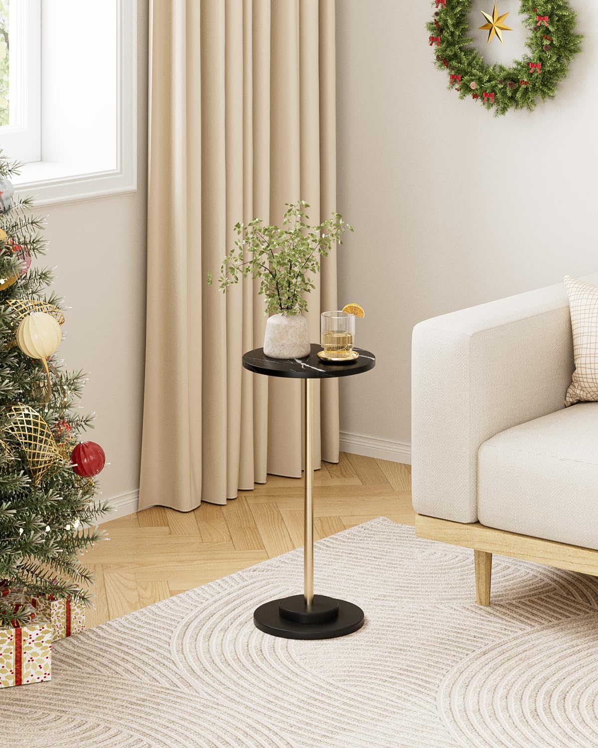 Round Side Table, Small Drink Table for Small Spaces, Modern Accent End Table with Metal Leg for Living Room, Bedroom, Corners, and Office (Black Marble)