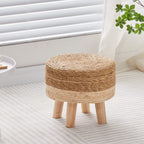 Cpintltr Foot Stool Natural Seagrass Hand Weave Poufs Round Ottoman for Couch Desk Soft Step Stool Padded Foot Rest with Non-Skid Pine Legs for Hallway Office Lounge Natural/White