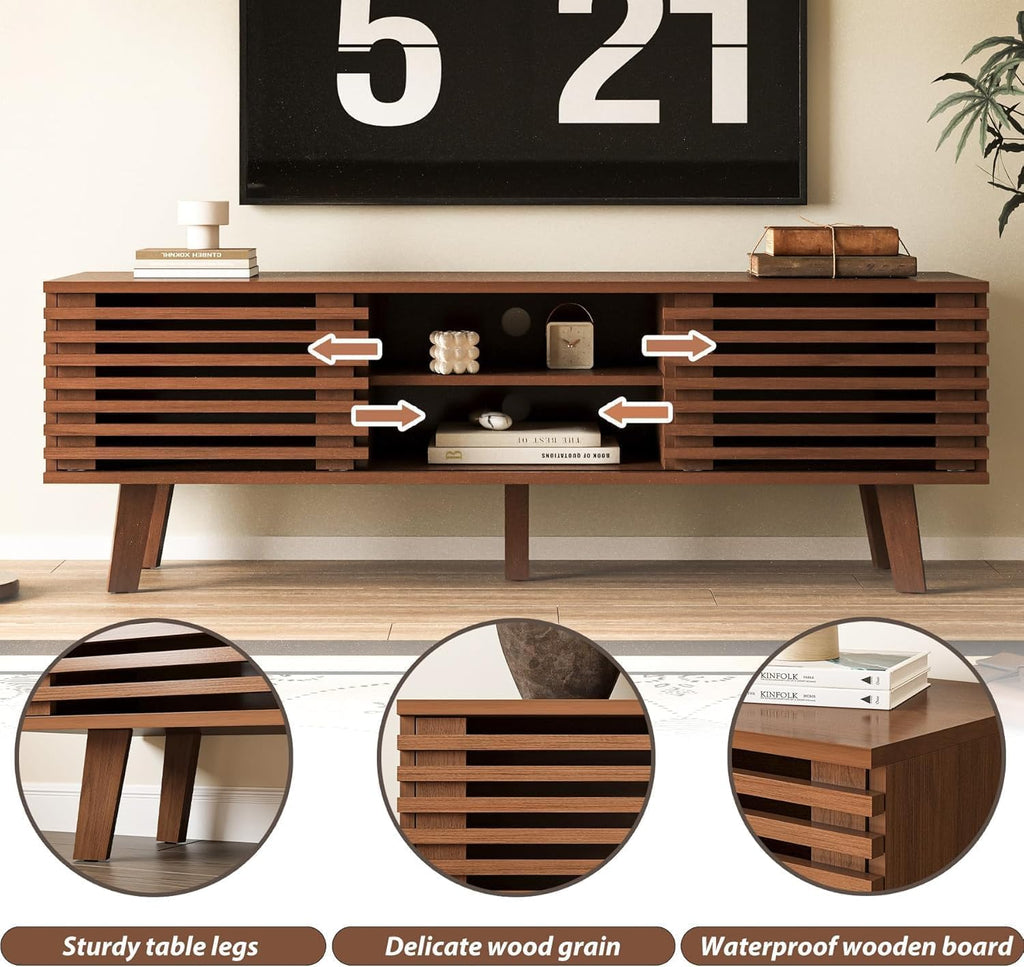 MAISONARIA Living Room Table Sets of 4, Mid Century Coffee Table & TV Stand & End Table Set of 2, Sliding Door Coffee Table and TV Stand with Storage, Modern End Table for Living Room, Walnut