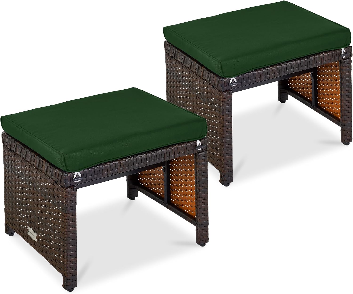Best Choice Products Set of 2 Wicker Ottomans, Multipurpose Outdoor Furniture for Patio, Backyard, Additional Seating, Footrest, Side Table w/Removable Cushions, Steel Frame - Midnight Green/Brown