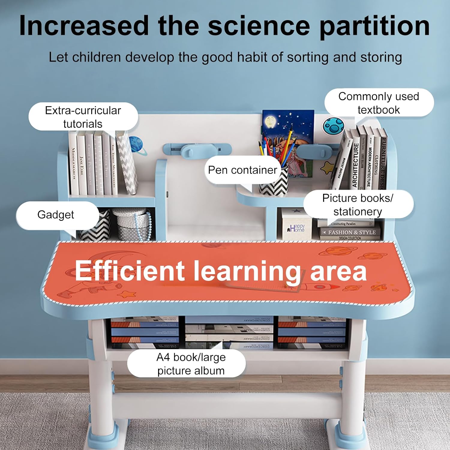 Kids Desk and Chair Set,Height Adjustable Children Study Desk Chair Set,School Student Writing Desk Table with Drawer Bookstand,Ergonomic Student Learning Table Desk Chair for Girl Boy, Blue C