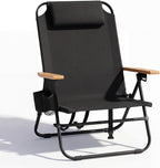 Cansky Portable Beach Chair for Adults, Outdoor Lightweight Camping Chair with Wooden Desgin Armrests, 5-Position Reclining Flat Lay, Cup Holder, Zipper Pouch, Backpack Design, No Towel Rack, Black