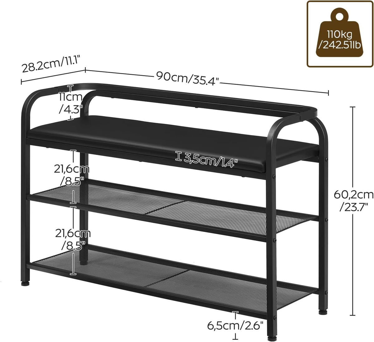 YATINEY Shoe Bench with Backrest, Entryway Bench, 2-Tier Shoe Rack with PU Padded Seat, Upholstered Shoe Storage Bench with Back, for Hallway, Entryway, Foyer, Bedroom, Black HX14BB