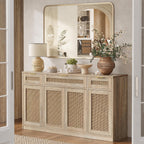 TIQLAB 55" Rattan Sideboard Buffet Cabinet with Storage, 4 Doors Credenza with Drawers, Console Cabinet for Living Room, Buffet Table with Adjustable Shelves, Natural