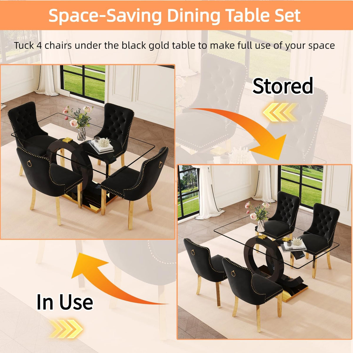 Ebullient Glass Dining Table Set for 6, 63" Modern Kitchen Table with 6 Black Velvet Upholstered Chairs, Tempered Glass Top, Gold Metal Base, 7 Piece Rectangular Dining Room Furniture