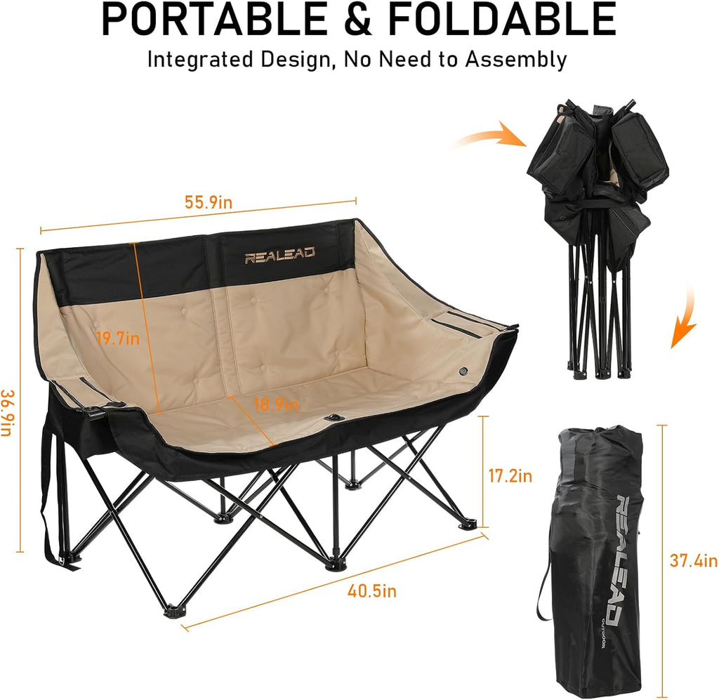 REALEAD Heated Double Camping Chair - Heated Loveseat Camping Chairs for Adults with 3 Heat Levels and 4 Heating Zones - Oversized Heated Chairs Outdoor Sports Supports 650 lbs Battery NOT Included