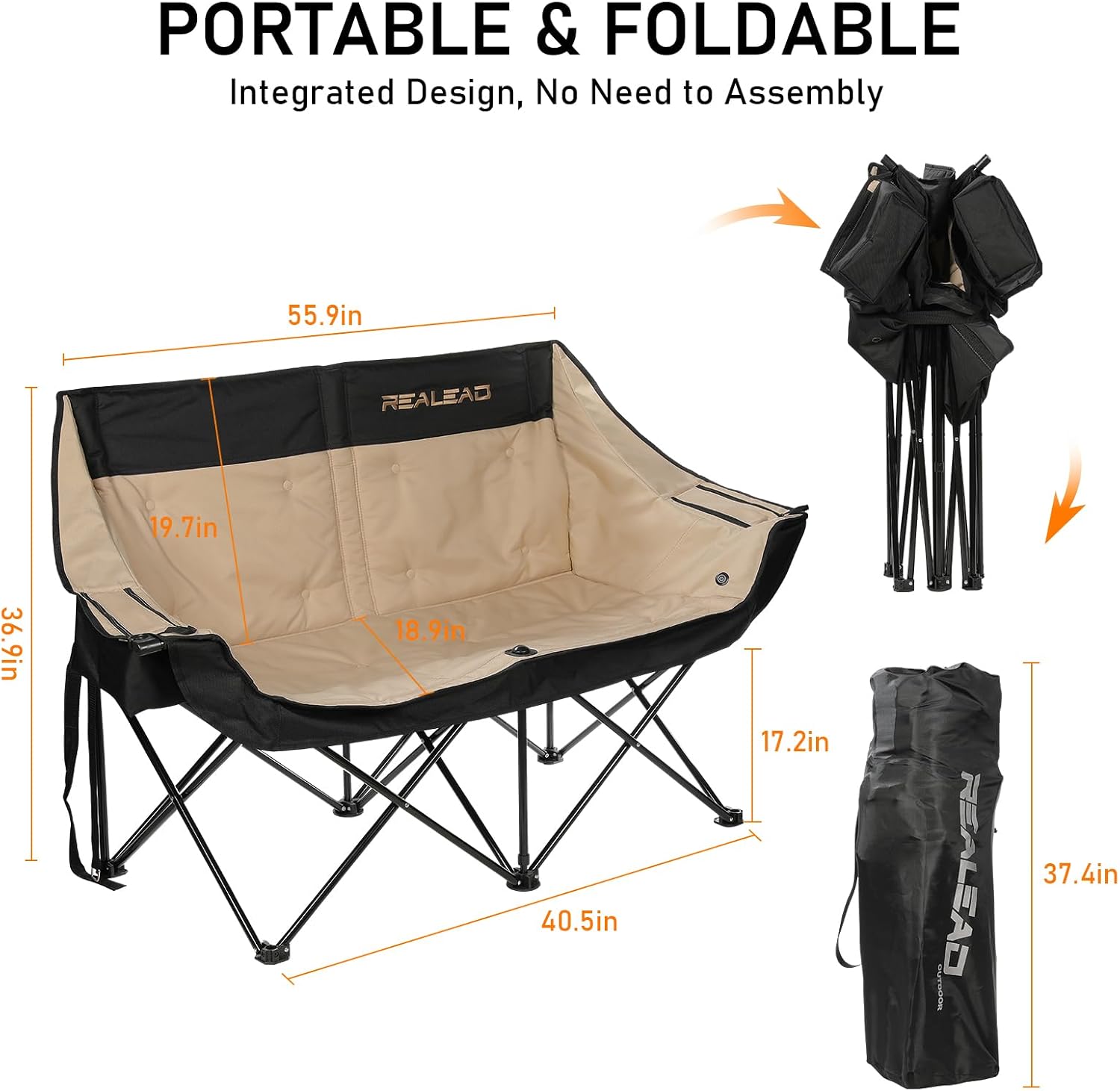 REALEAD Heated Double Camping Chair - Heated Loveseat Camping Chairs for Adults with 3 Heat Levels and 4 Heating Zones - Oversized Heated Chairs Outdoor Sports Supports 650 lbs Battery NOT Included
