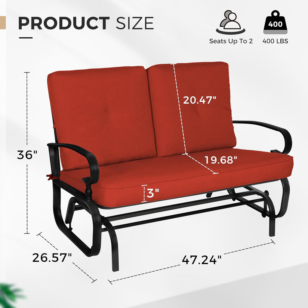 Crownland Outdoor Patio Glider Chair for 2-Person, Red | Wrought Iron Frame with Textilene Seat, Cushioned Loveseat, Smooth Gliding Bench for Porch, Garden, Backyard