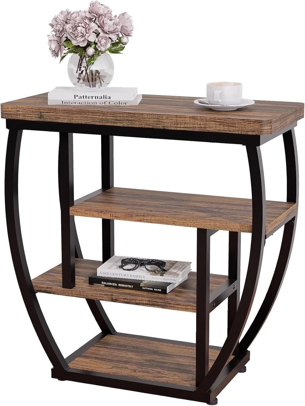 4-Tier End Table with Storage, Narrow Side Table for Living Room, Wood Sofa Side Table with Metal Frame, Industrial Bedside Table and Nightstand for Bedroom, Rustic Brown