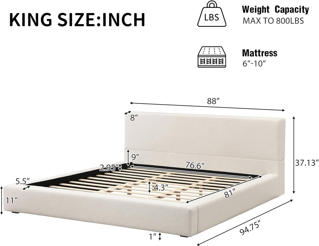 Merax King Size Bed Frame, 95" L x 88" W Upholstered Platform Bed with 8" Thick Linen Headboard & Footboard, Sturdy Wood Slat Support, No Box Spring Needed, Easy Assembly, Beige