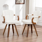 Swivel Dining Chairs Mid Century Modern White Faux Leather Upholstered Kitchen Chairs with Bentwood Frame Armrests Side Chairs,Comfortable Ergonomic Wood Accent Chair No Wheels,1PCS